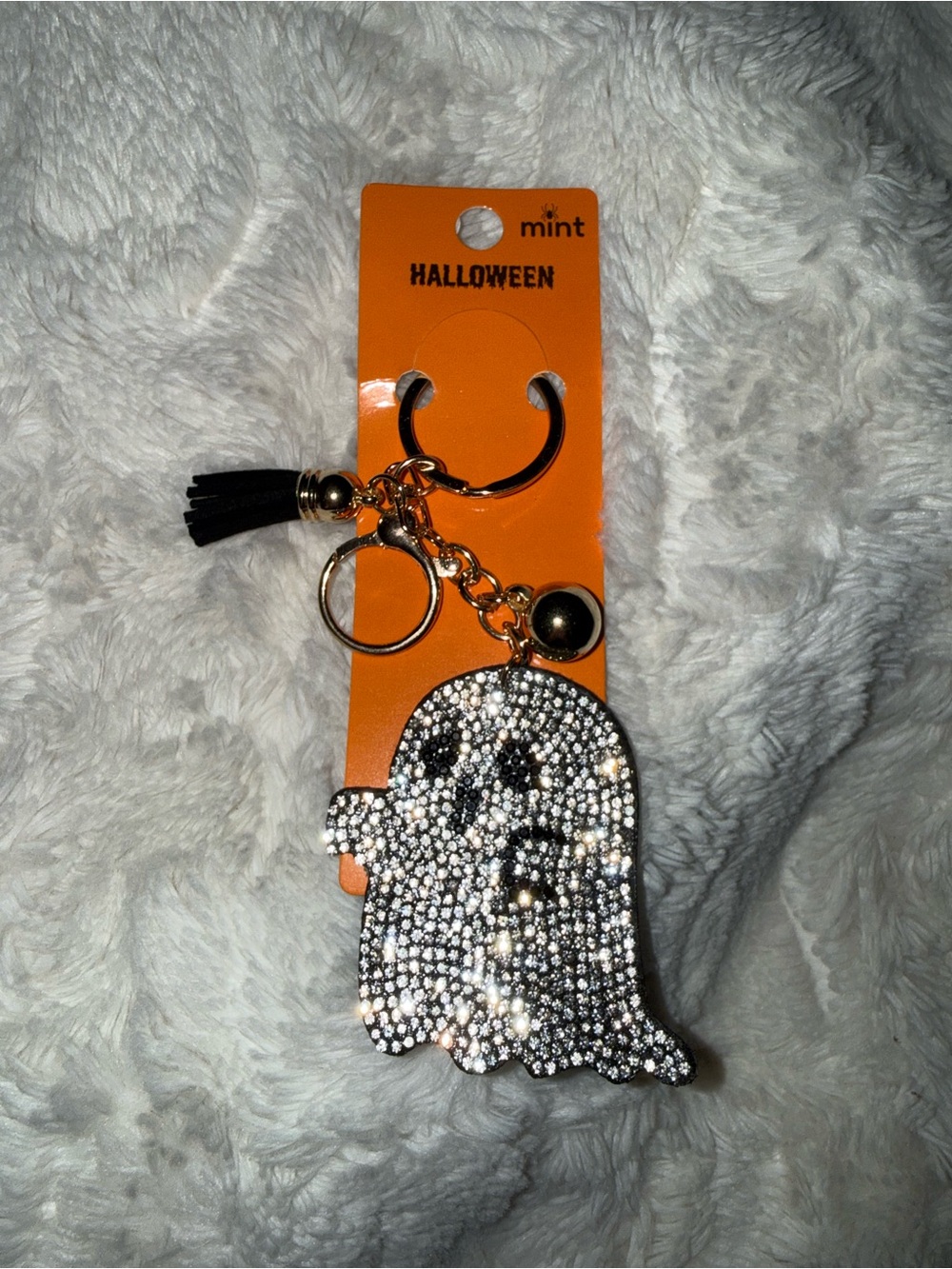 Mint Crystal Ghost Key & Card Holder Charm - Black Tassel, Gold Hardware